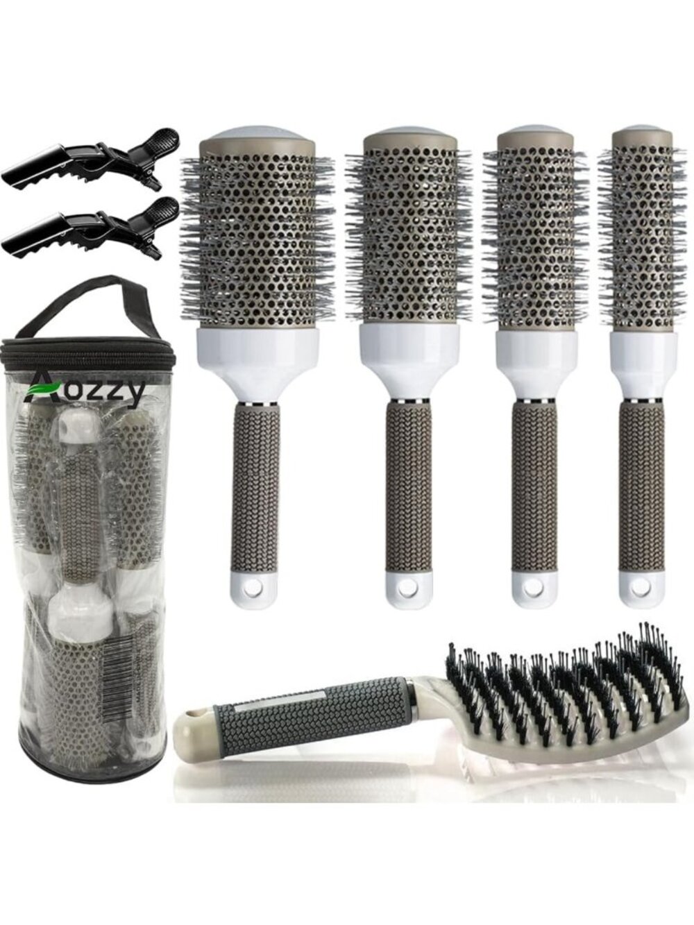 Round Blow Drying Brush Set & Boar Bristle Detangling Hairbrush for Smooth Hair